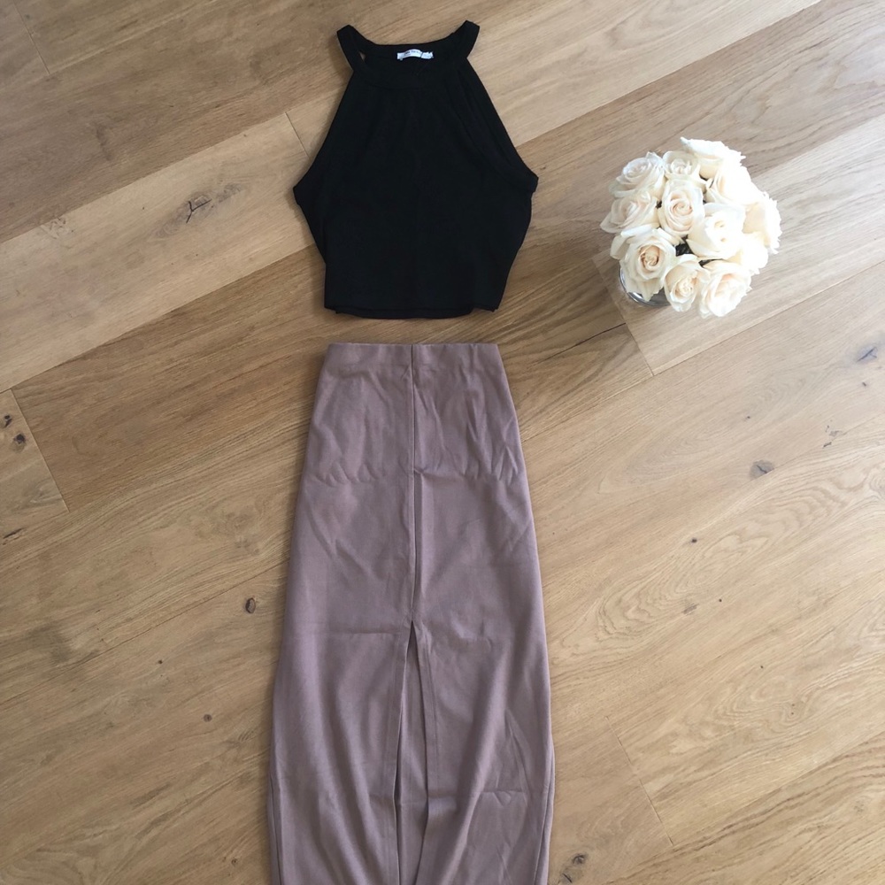 Beige Front Slit Skirt